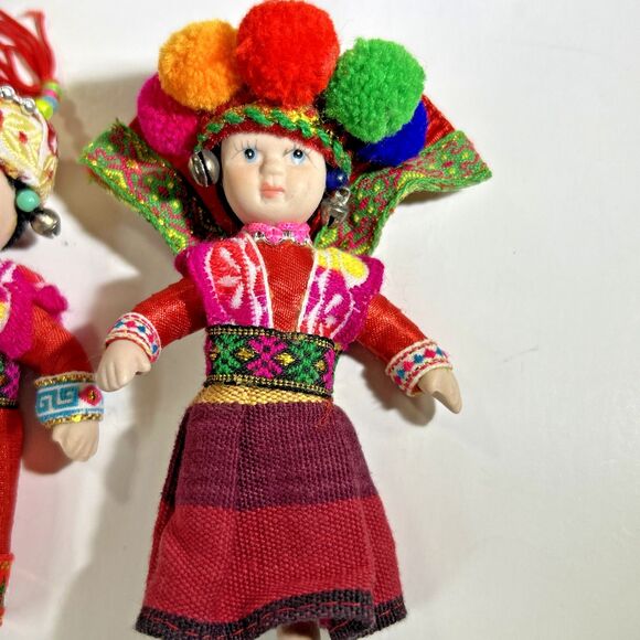 Vintage Pair Of Porcelain Jointed Colorful Ethnic Doll Keychains 4" - READ - Picture 2 of 11